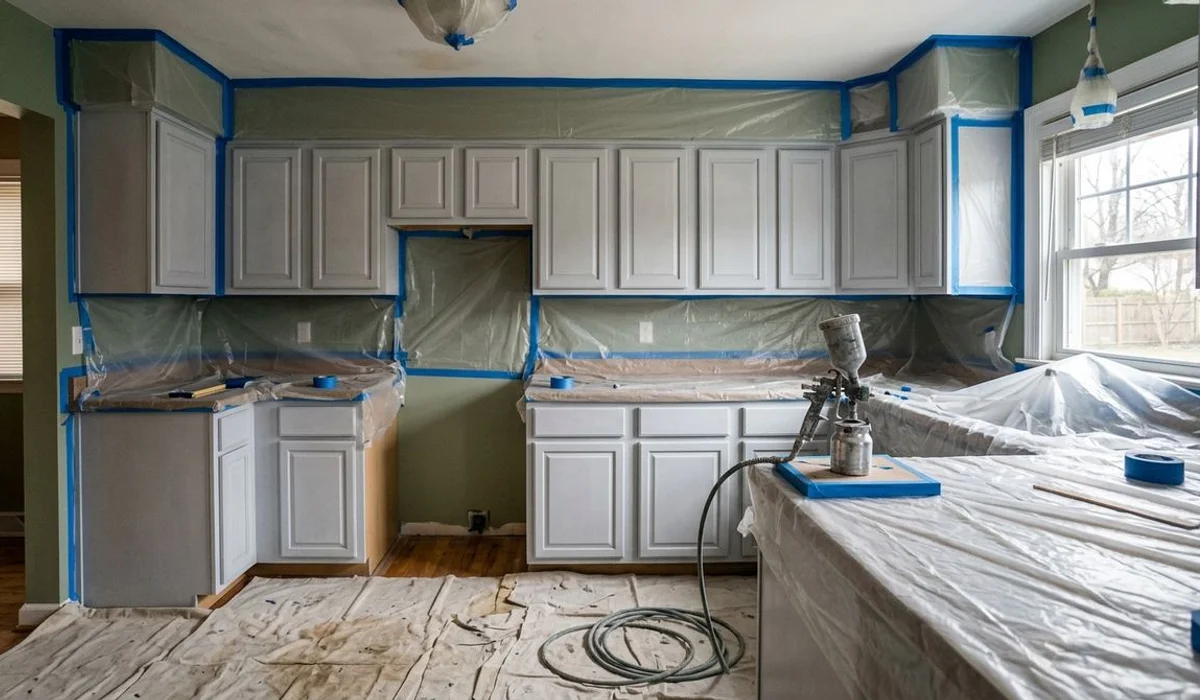 Cabinet boxes primed on-site with HVLP setup