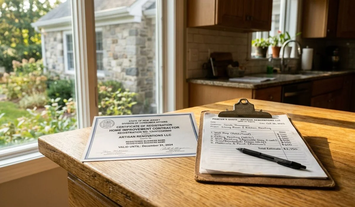 NJ HIC registration certificate beside an itemized quote