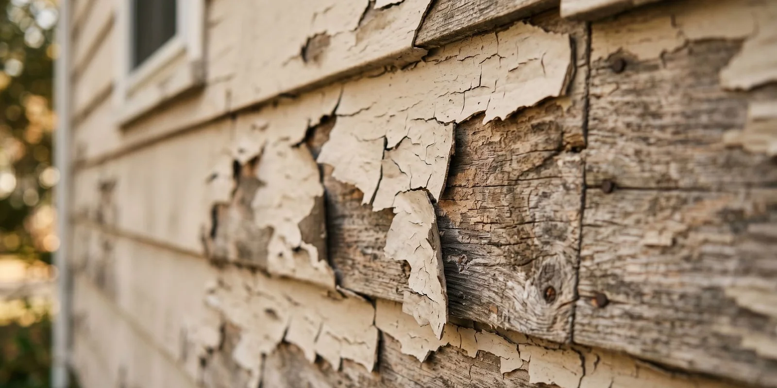 Closeup of peeling exterior paint on Northern NJ wood siding