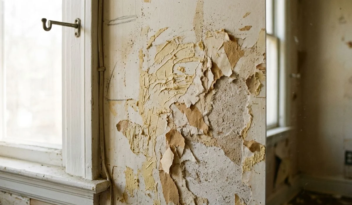 Stripped wall showing residual adhesive