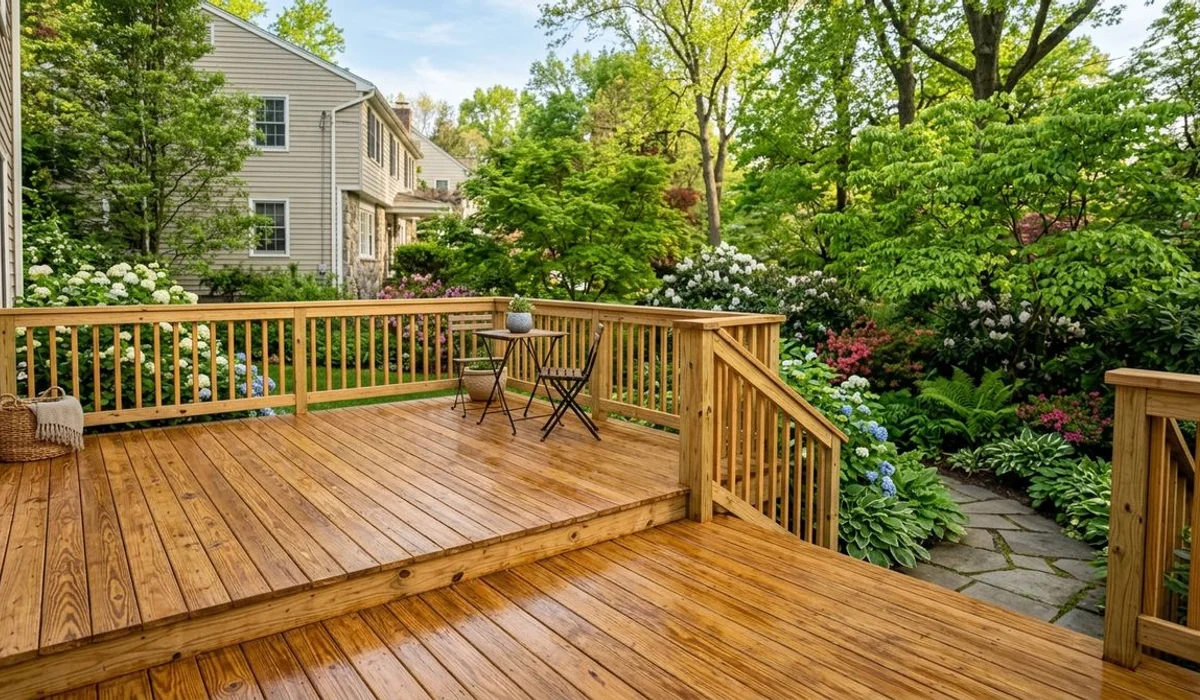 Finished stained deck with landscaping