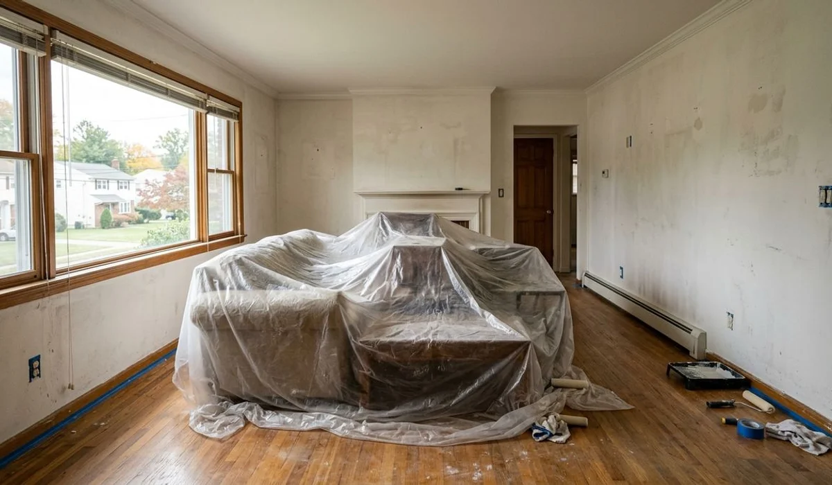 Furniture moved and covered for painting