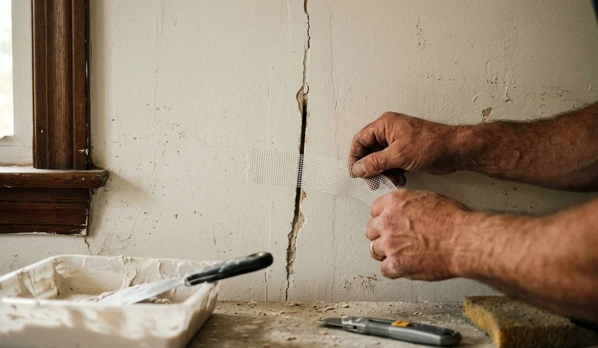 Plaster crack being keyed and taped before skim coat