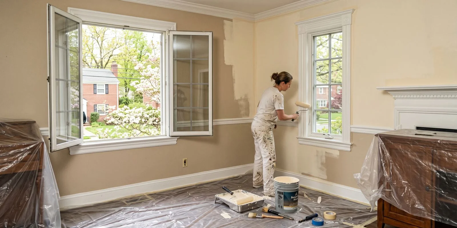 Spring interior painting with open-window ventilation