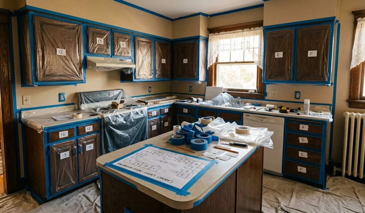 Cabinet boxes masked and labeled on-site