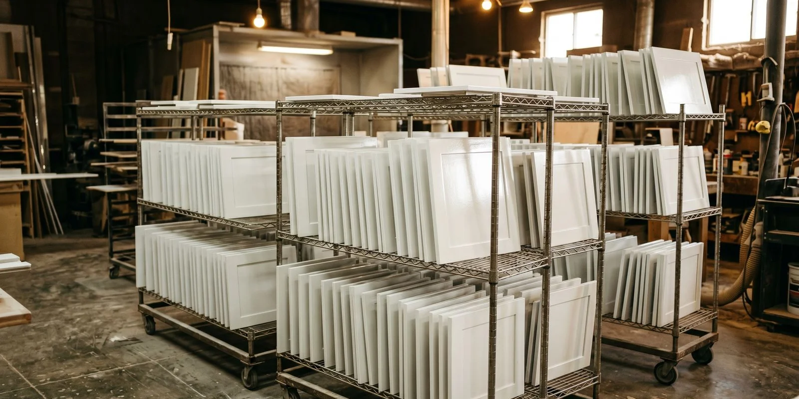 Cabinet doors drying on racks after spray finish