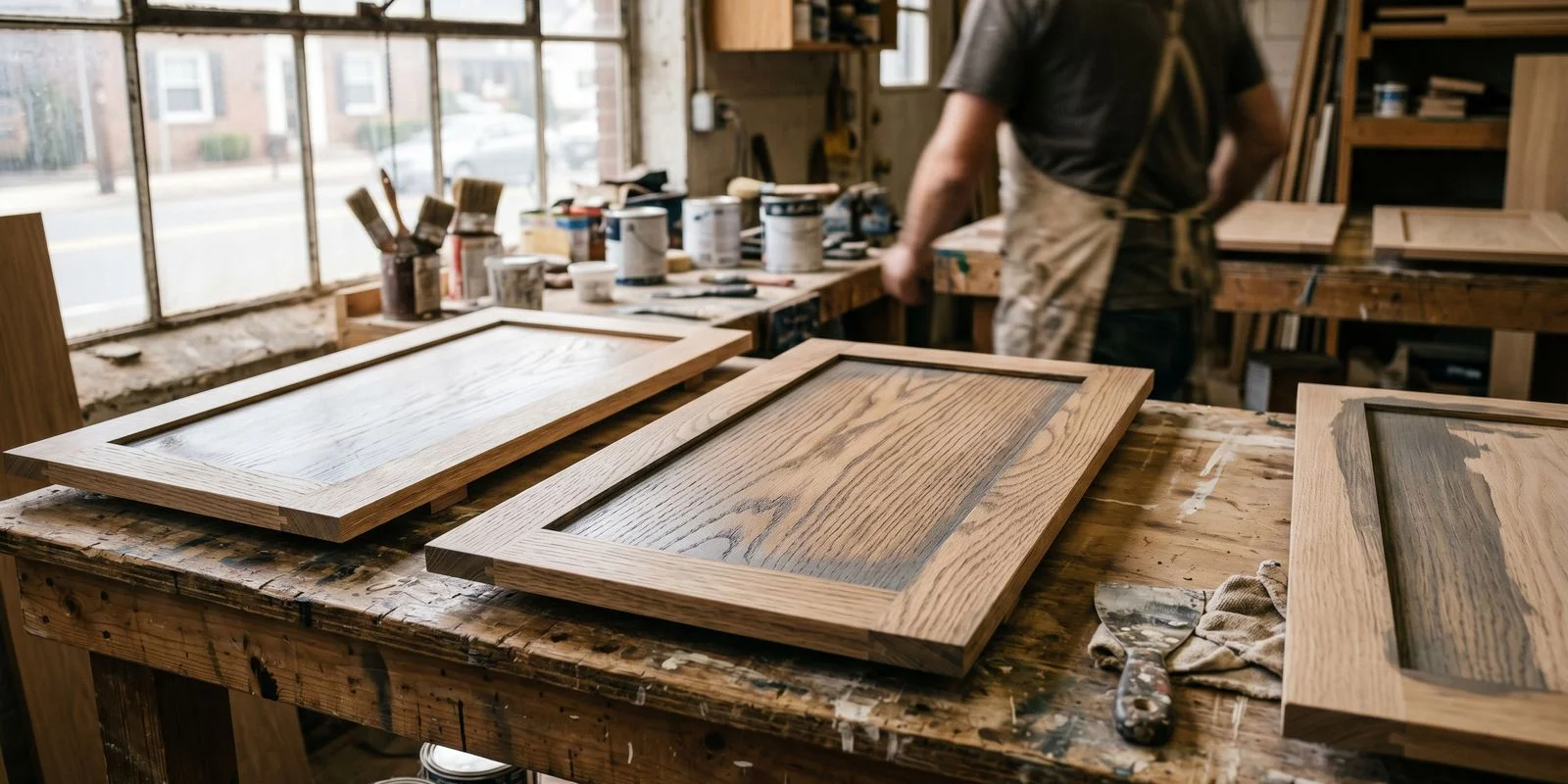 Oak cabinets with grain filler applied