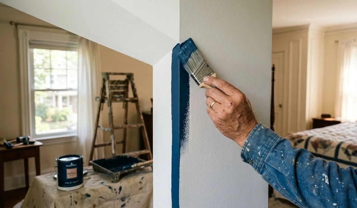 Painter cutting in a bedroom corner