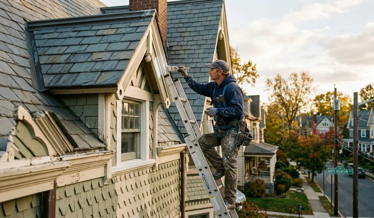 Painting dormer trim on Montclair Victorian