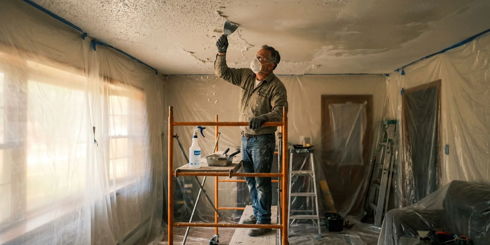 Popcorn ceiling removal with containment in Nutley