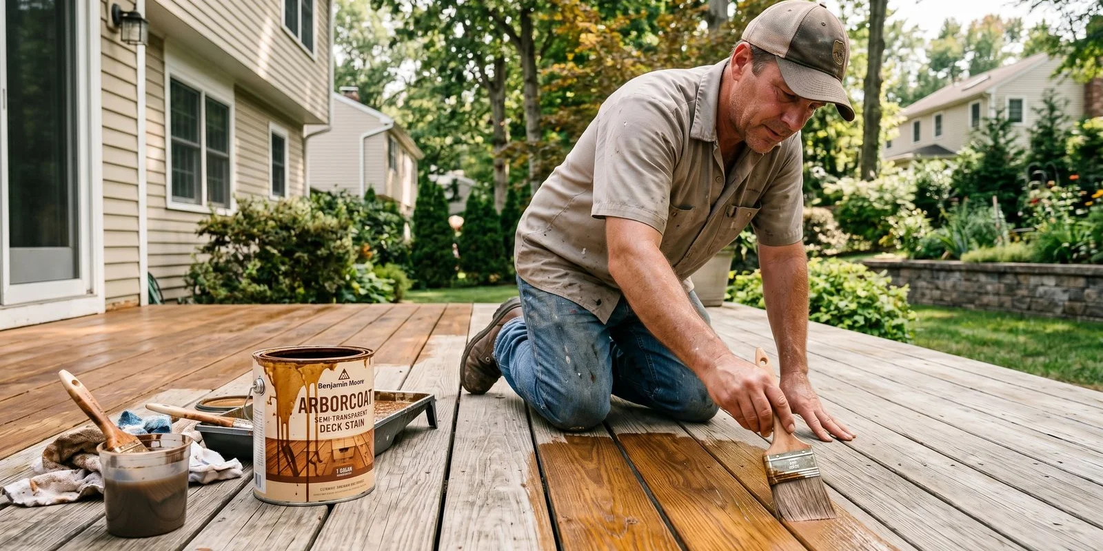 Deck staining in progress in Livingston NJ