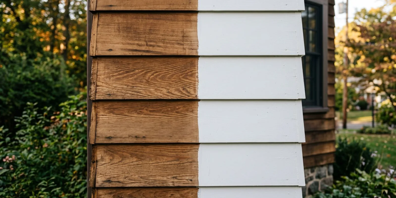Stain vs paint side-by-side on cedar clapboard