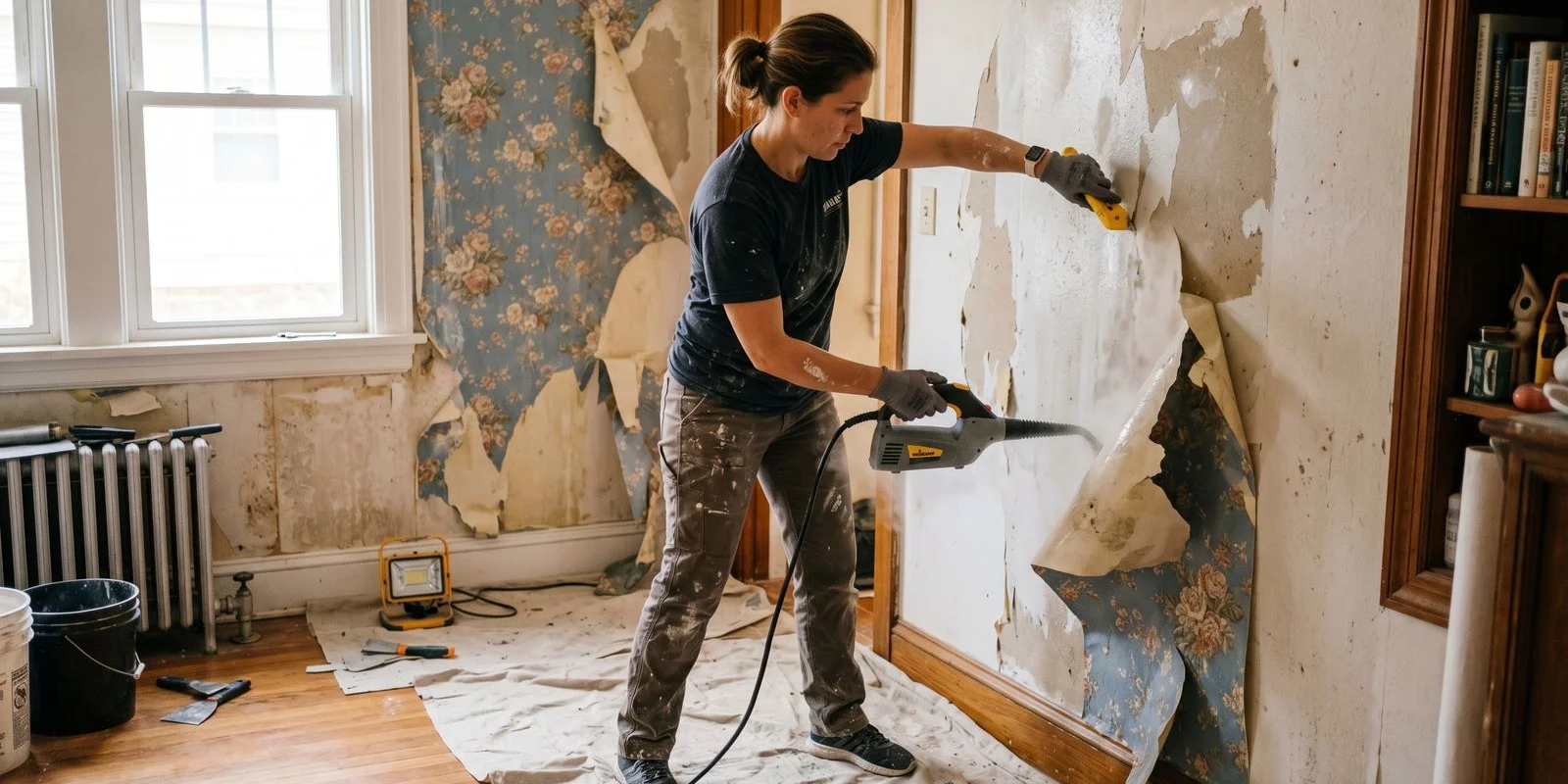 Wallpaper removal in progress in Northern NJ home