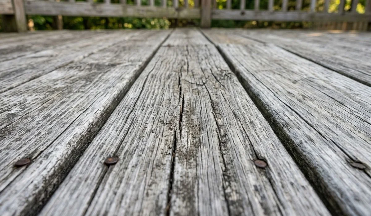 Weathered deck showing wear before restain